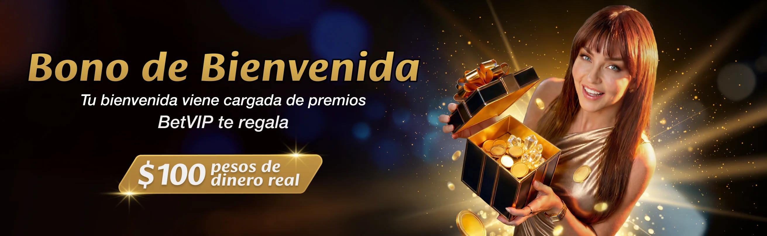 Bono de bienvenida BetVIP: caja de regalo dorada con monedas